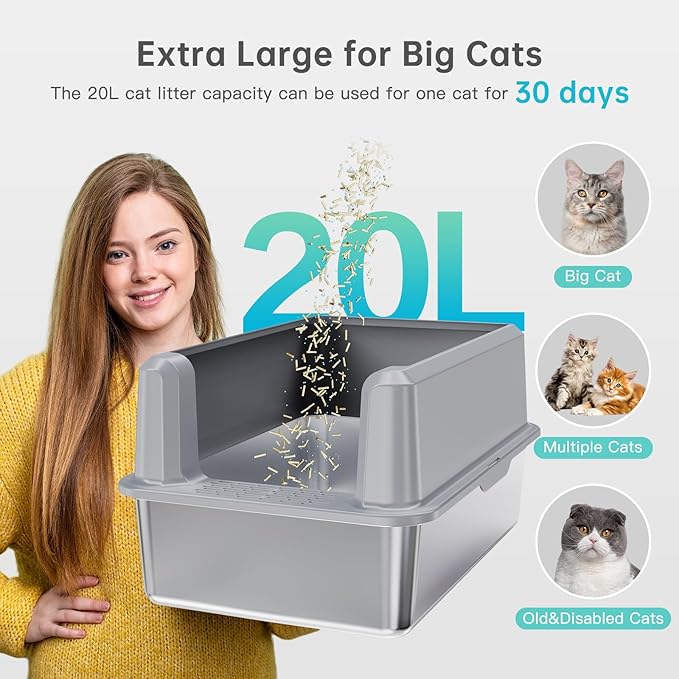 Enclosed Stainless Steel Cat Litter Box with Lid, XL Extra Large Litter Box for Big Cats, Metal Litter Pan High Sided, Never Absorbs Odors, Anti-Urine Leakage, Include Scoop (SH-Light Gray)-PawvioPets