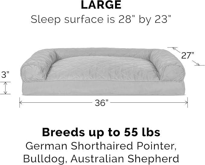 Furhaven Pillow Dog Bed for Large/Medium Dogs w/ Removable Bolsters & Washable Cover - Quilted Sofa - Silver Gray, Large-PawvioPets