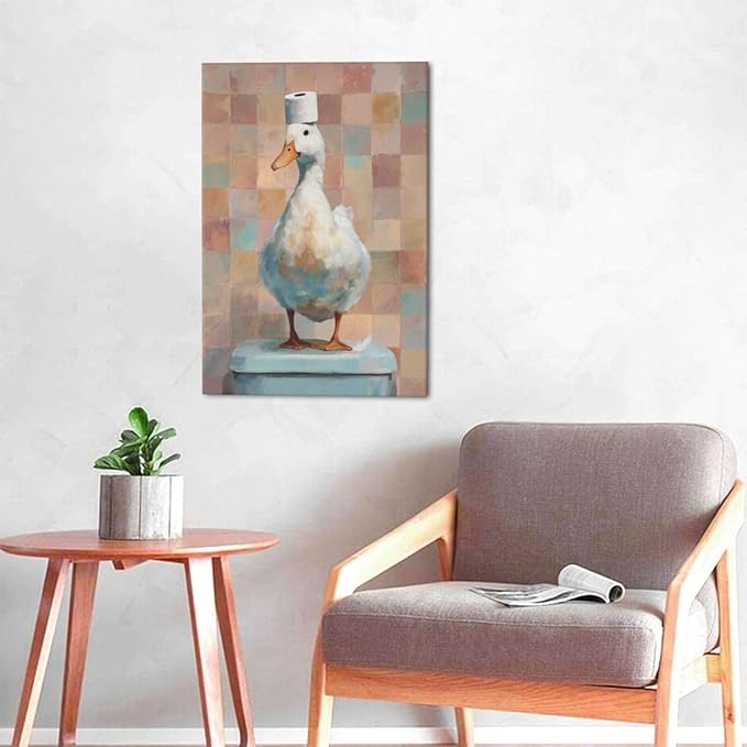Funny Duck Bathroom Wall Art Cute Duck on Toilet Canvas Wall Decor Funny Quirky Farm Animal Pictures Painting Print Framed Artwork Decorations Gifts for Bathroom 16"x24"-PawvioPets