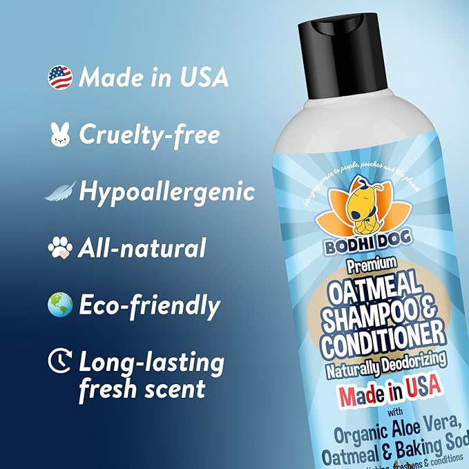 Bodhi Dog Oatmeal Shampoo & Conditioner - Hypoallergenic Formula - Naturally Deodorize Dogs, Cats & Pets - Made w/Organic Ingredients - Moisturizes Dry & Itchy Skin - Made in USA (Oatmeal, 8 Fl Oz)-PawvioPets