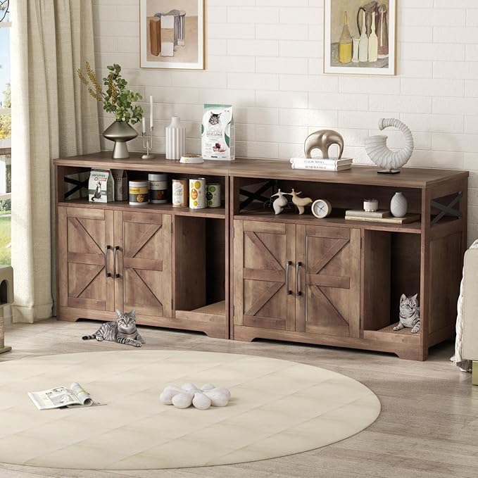 Cat Litter Box Enclosure, Hidden Litter Box Furniture with Scratch Pad, Farmhouse Indoor Cat House Washroom End Table, Retro Brown-PawvioPets