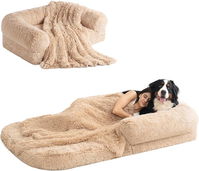 EHEYCIGA Foldable Human Dog Bed, Orthopedic Memory Foam Human Sized Dog Bed, Waterproof Pet Bed for People, Faux Fur Pet Couch for Adult, Camel, 72"x44"x11"-PawvioPets