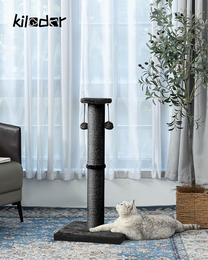 Kilodor 34Inch Tall Cat Scratching Post,4.3Inch Diameter Large Sisal Cat Scratch Post with Ball, Sturdy and Durable Cat Scratcher for Indoor Cats Adults Black-PawvioPets