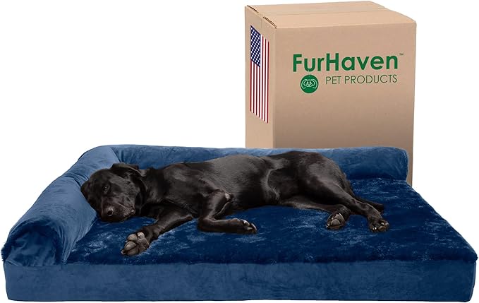 Furhaven Cooling Gel Dog Bed for Large Dogs w/ Removable Bolsters & Washable Cover, For Dogs Up to 125 lbs - Plush & Velvet L Shaped Chaise - Deep Sapphire, Jumbo Plus/XXL-PawvioPets