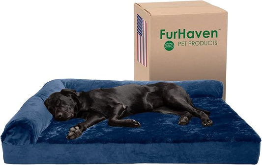 Furhaven Cooling Gel Dog Bed for Large Dogs w/ Removable Bolsters & Washable Cover, For Dogs Up to 125 lbs - Plush & Velvet L Shaped Chaise - Deep Sapphire, Jumbo Plus/XXL-PawvioPets