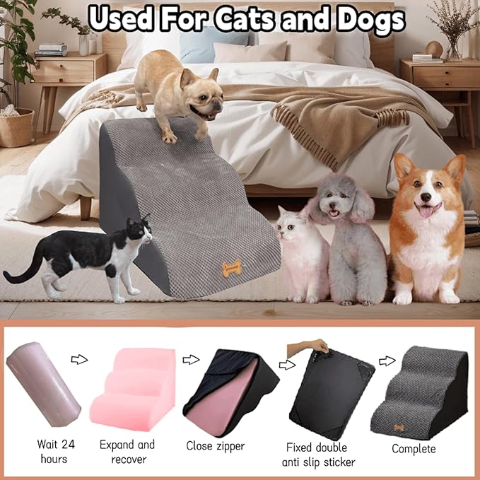 Dog Stairs to high beds, 3-step dog stairs for dogs to get on bed couch high 16"-20 inch, dog pet stairs for small large dogs cats climbing to bed, Non-Slip balanced doggy Grey (23.7*15.8*15.8 IN 33D)-PawvioPets