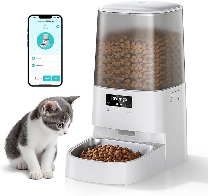 Cat Feeder Automatic - Cat Food Dispenser MeowServe S20, Auto Dog Feeder with Stainless Steel Bowl, 5L Pet Feeder with Patented Anti-Jam Port, App, Dual Lock Lid, Dual-Band WiFi & Power, White-PawvioPets