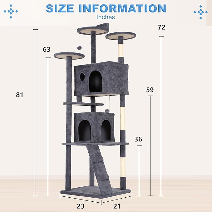 FDW Cat Tree Tower 81in Multi-Level Durable Cat Scratching Post & Cozy Fun Jumping Platform Space Saving Condo Pet Play House for Indoor Cats,Dark Gray-PawvioPets