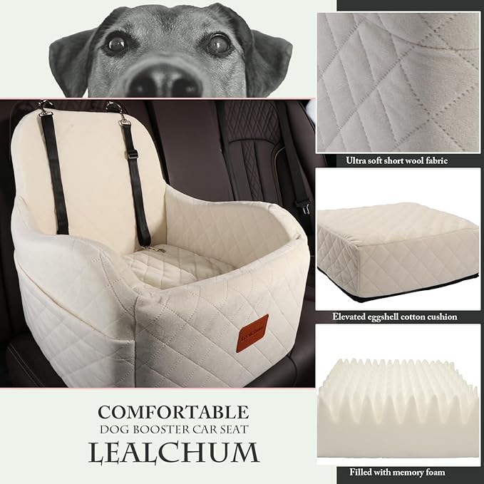 Dog Booster Car Seat,Ultra Soft Fabric & Filling Memory Foam,Elevated Cushion,3 Straps & Safety Belt Channel,Anti-Slip Base,Fully Detachable and Washable(Beige,Medium)-PawvioPets