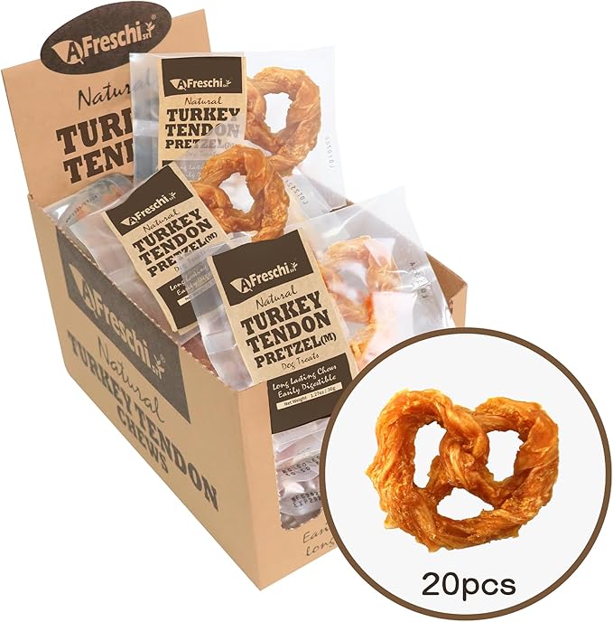 Afreschi Turkey Tendon for Dogs, Dog Treats for Signature Series, All Natural Human Grade Puppy Chew, Rawhide Alternative, 20 Units/Box Pretzel (Medium)-PawvioPets
