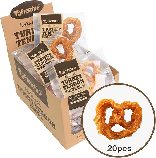 Afreschi Turkey Tendon for Dogs, Dog Treats for Signature Series, All Natural Human Grade Puppy Chew, Rawhide Alternative, 20 Units/Box Pretzel (Medium)-PawvioPets