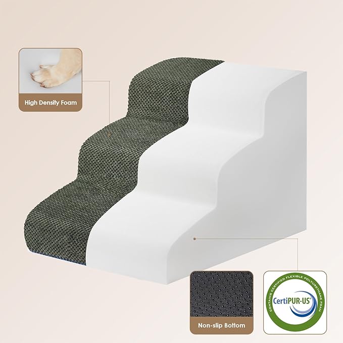 EHEYCIGA Curved Dog Stairs Ramp for Small Dogs 15.7" H, 3-Step Dog Steps for Couch Sofa and Chair, Pet Stairs for Cats, Non-Slip Balanced Pet Steps Indoor, Olive Green-PawvioPets