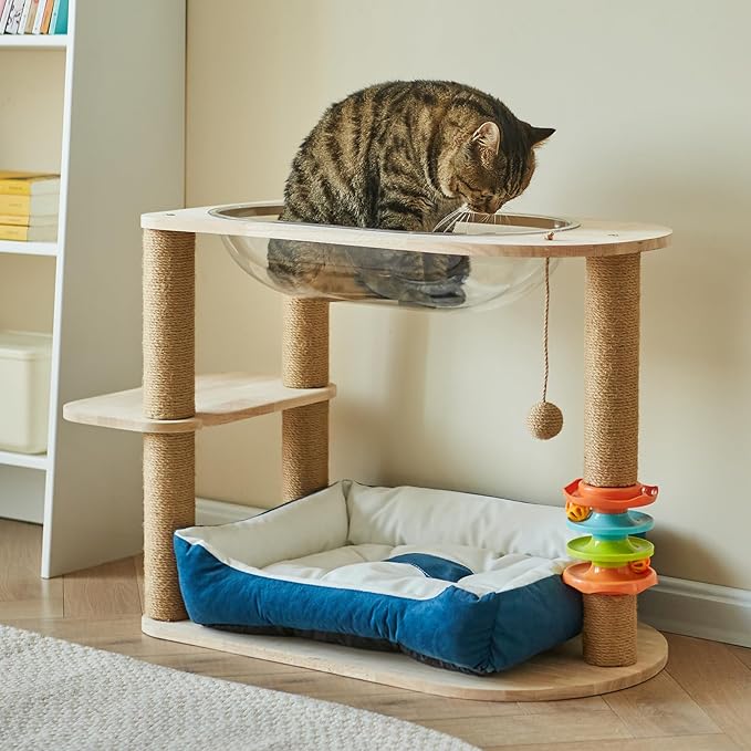 2 Tier Cat Tower,21.85 in cat Perch Wood cat condo with Hammock and Sisal Rope Scratcher Post Hanging Toy Balls for Indoor Large Cats Kittens (Blue)-PawvioPets
