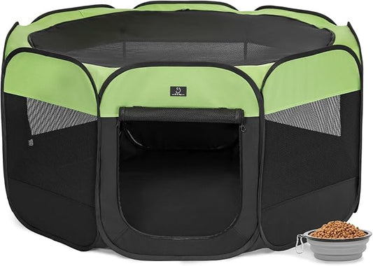 A4Pet Portable Pet Playpen, 49” Pop Up Dog Playpen with Bowl, Suitable for Puppies, Kittens, and Small Animals, Removable Zipper & Mesh Panel(19”W × 12”H)-PawvioPets
