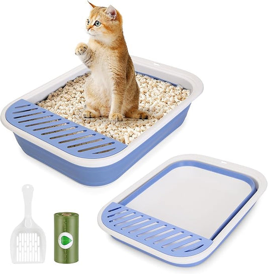 Collapsible Kitten Litter Box, ShineMe Open Top Small Cat Litter Box with Scoop and Litter Bag, Anti-Splash Waterproof Kitty Toilet Potty Pan for Sick Frail Cat 17" x 13.5", Blue-PawvioPets