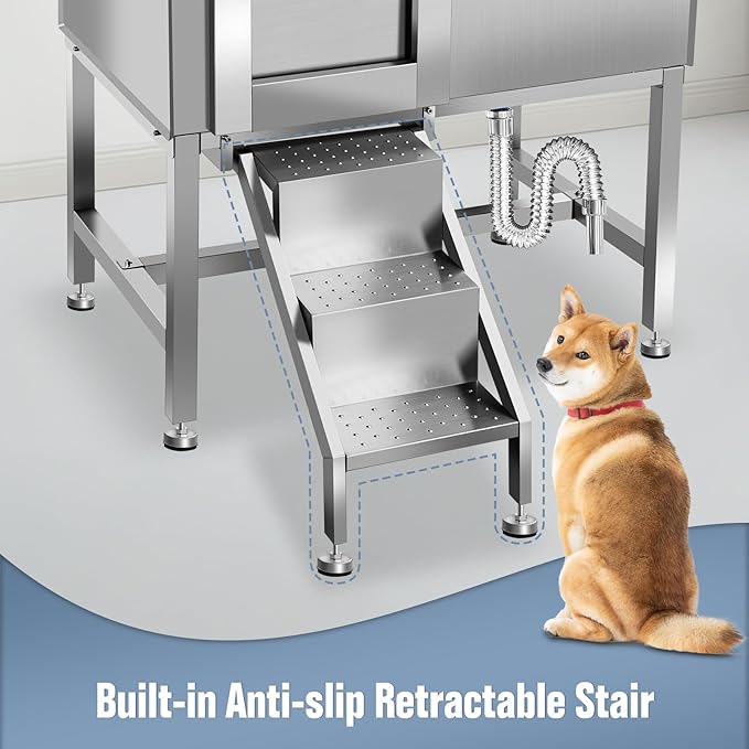 38" Pet Dog Bathing Station W/Stairs, Professional Stainless Steel Dog Grooming Tub W/Soap Box, Faucet,Rich Accessory, Dog Bathtub for Large,Medium,Small Pets, Washing Sink for Home,L-RAMP-PawvioPets