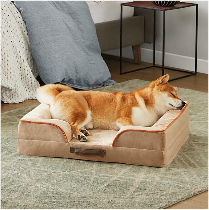Friends Forever Orthopedic Dog Bed for Medium Dogs, Waterproof Memory Foam Dog Sofa Bed M with Removable Washable Cover, Ally Khaki, 28x23x6.5-PawvioPets