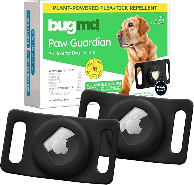 BugMD Paw Guardian Flea & Tick Pendant (2-Pack) with AirTag Holder – Plant-Based Flea & Tick Prevention for Dogs – Pet Collar Tag & GPS Tracker Holder for Dogs – Black-PawvioPets