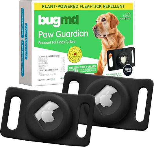 BugMD Paw Guardian Flea & Tick Pendant (2-Pack) with AirTag Holder – Plant-Based Flea & Tick Prevention for Dogs – Pet Collar Tag & GPS Tracker Holder for Dogs – Black-PawvioPets