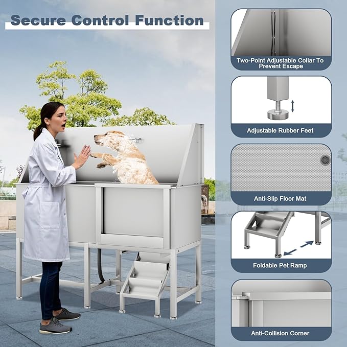 50" Pet Dog Bathing Station, Stainless Steel Dog Bathtub W/Ramp, Floor Grate, Dog Bath Brush, Washing Gloves for Home, Professional Dog Washing Station for Pets (50 Inch Right Door)-PawvioPets
