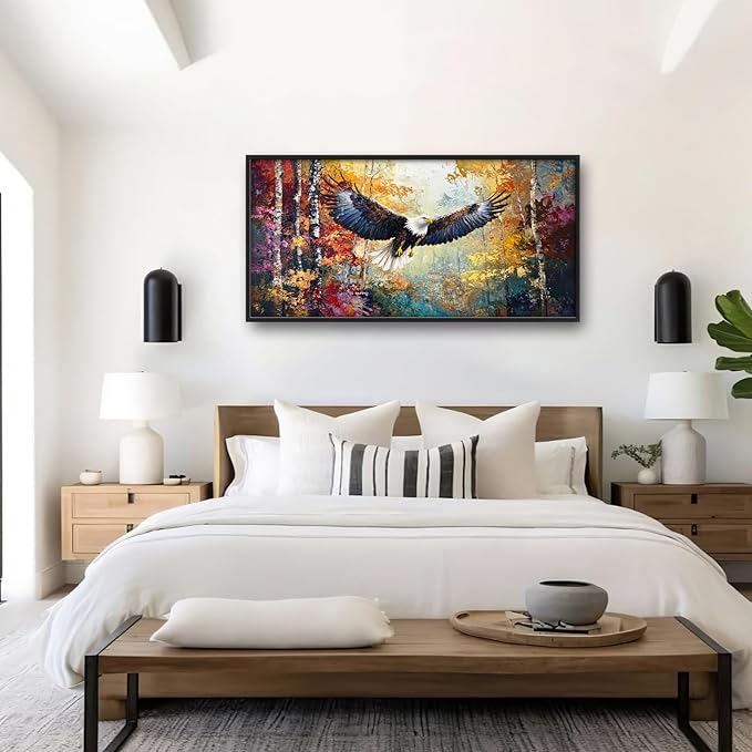 Extra Large Framed Bald Eagle Wall Art,Abstract Colorful Forest Wall Decor,Autumn Fall Forest Pictures for Living Room,Canvas Print Painting Modern Artwork Bedroom Office Home Decor 60L x 30W-PawvioPets