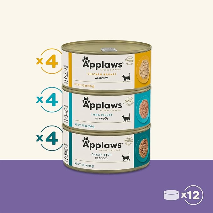 Applaws Natural Wet Cat Food, Limited Ingredient, Grain-Free, Protein with No Artificial Additives, Variety Pack in Broth (12 x 5.5oz Cans)-PawvioPets