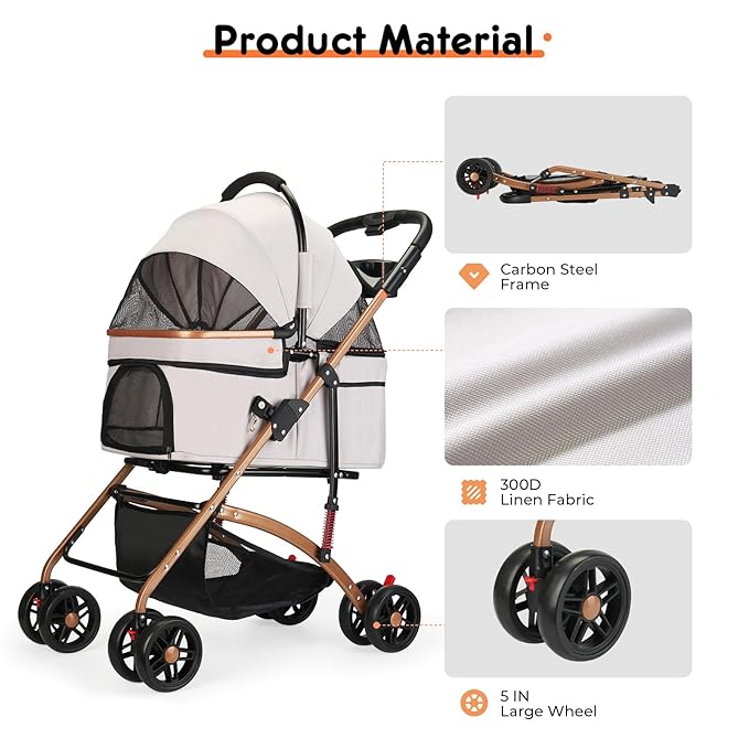 3-in-1 Foldable Pet Stroller for Medium Dogs & Cats (50lbs) - Detachable Carrier, Car Seat, Storage Basket, 5" Lockable Wheels-PawvioPets