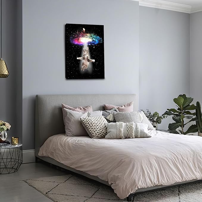 Funny Cat Wall Art Canvas Galaxy Wall Decor Prints Framed Painting Animal Pictures Gifts Artwork for Bathroom Living Dining Kitchen 16"x24"-PawvioPets