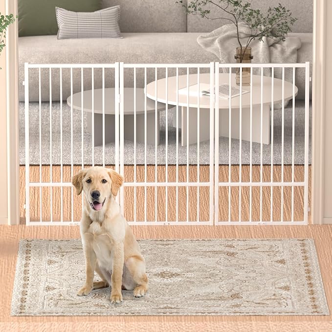 Full Metal Freestanding Dog Gate with Door, 36''Height Foldable Pet Dog Fence for Indoor & Outdoor, 3 Panels Extra Wide Free Standing TallDog Gates for Doorways,House,Stairs,Porch,Deck,Yard-PawvioPets