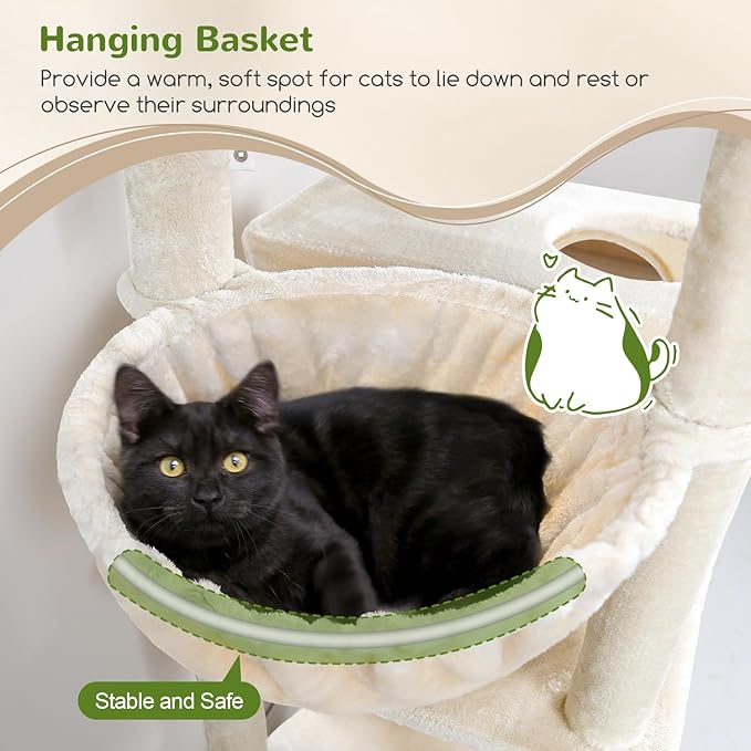 Globlazer Cat Tree Tower, 76-Inch Extra Tall Multi-Level Cat Furniture with Cozy Condos, Hammock and Perches for Adult Cats, Perfect for Climbing, Scratching, and Play, F76, Beige-PawvioPets