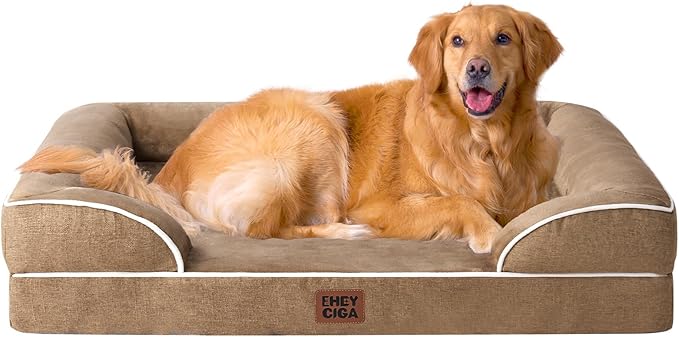 EHEYCIGA Orthopedic Dog Beds for Extra Large Dogs, Waterproof Memory Foam XL Dog Bed with Sides, Non-Slip Bottom and Egg-Crate Foam Big Pet Couch Bed with Washable Removable Cover, Camel-PawvioPets