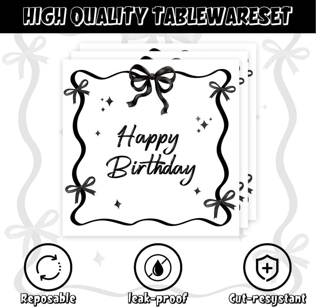 40pcs Black Bow Birthday Decorations Sophisticated Coquette Birthday Supplies,Black Bow Plates and Napkins,Suitable for 20 Guests