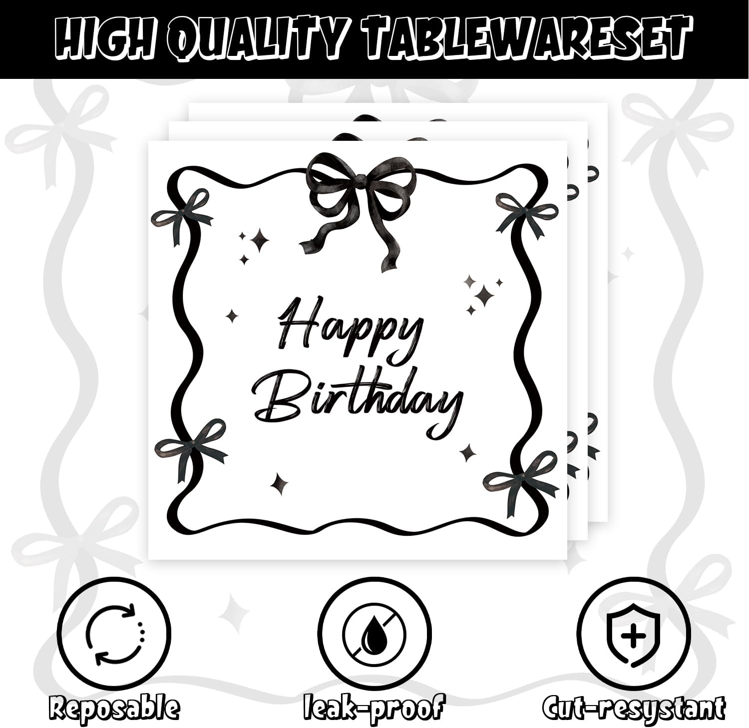 40pcs Black Bow Birthday Decorations Sophisticated Coquette Birthday Supplies,Black Bow Plates and Napkins,Suitable for 20 Guests