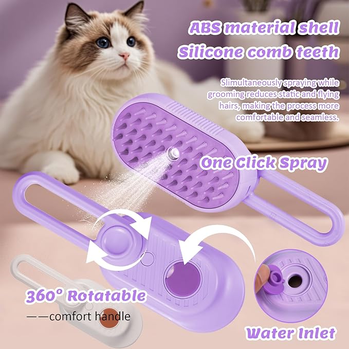 4 in 1 Cat & Dog Steam Brush for Long/Short Hair Shedding - Rechargeable Pet Grooming Brush with Anti-Static Steam Spray, Foldable Handle & Dual Massage Modes for Home Pet Spa Cleaning-PawvioPets
