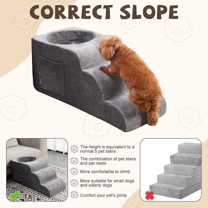 Dog Stairs, Dog Stairs for Small Dogs, 3-Step Pet Stairs, Dog Steps for Bed, Dog ramp, pet Stairs for high beds, Old Dog pet Steps, Non-Slip Pet Step Indoor, Grey-PawvioPets