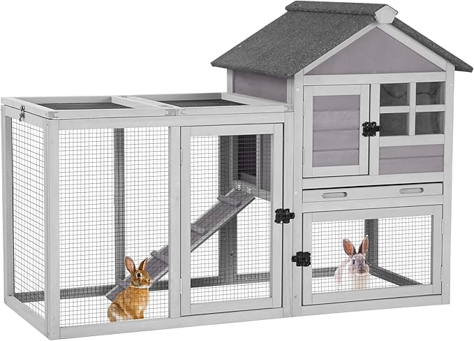 Aivituvin Rabbit Hutch Indoor Bunny Cage Outdoor with Run Chicken Coop Guinea Pig House with Waterproof Asphalt Roof,No Leakage Pull Out Tray-PawvioPets