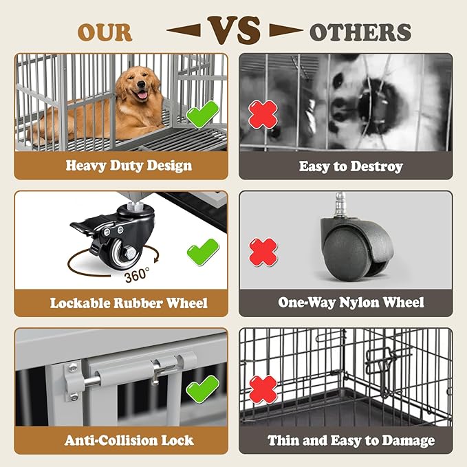 Dog Crate with Removable Tray, 37/42/46 Inch Indestructible and Escape Proof Steel Dog Cage Kennel for High Anxiety Dogs, Heavy Duty Dog Crate with Wheels, Double Door, Extra Large XL XXL-PawvioPets