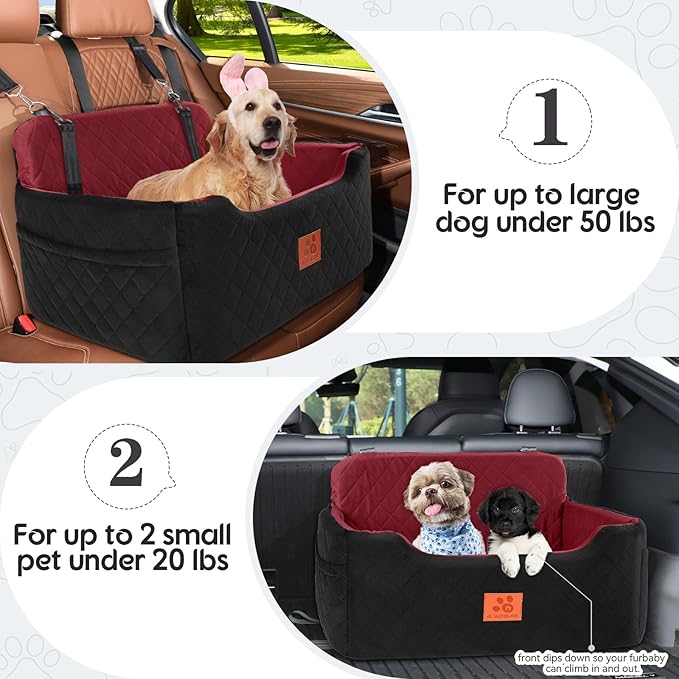 Dog Car Seat for Medium/Large Dogs, Dog Booster Seat for Pet Under 50lbs or 2 Small Dogs, Detachable and Washable Pet Car Bed, Multi-Functional Pet Booster Seat for Backseat(Black/Red)-PawvioPets