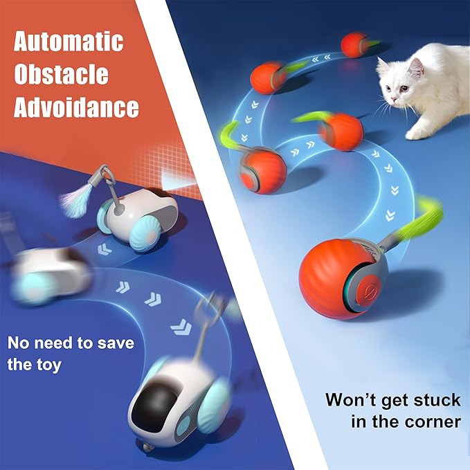 1pc Interactive Automatic Remote Control Cat Mice Car Toy and 1pc Smart Electric Moving Speedy Cat Ball Toy with Feather Tail, Suitable for Dogs, Keep Busy, Stimulating, Rechargeable (orange)-PawvioPets