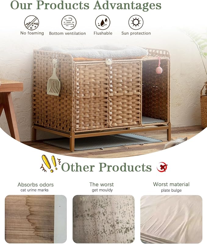 Cat Litter Box Enclosure Furniture with Divider, Handwoven Rattan Litter Box with Mat, 31.2 x 19.6 x 24.2 Inches, Metal Heightened Feet, Hidden Cat House for Living Room, Bedroom (Natural)-PawvioPets