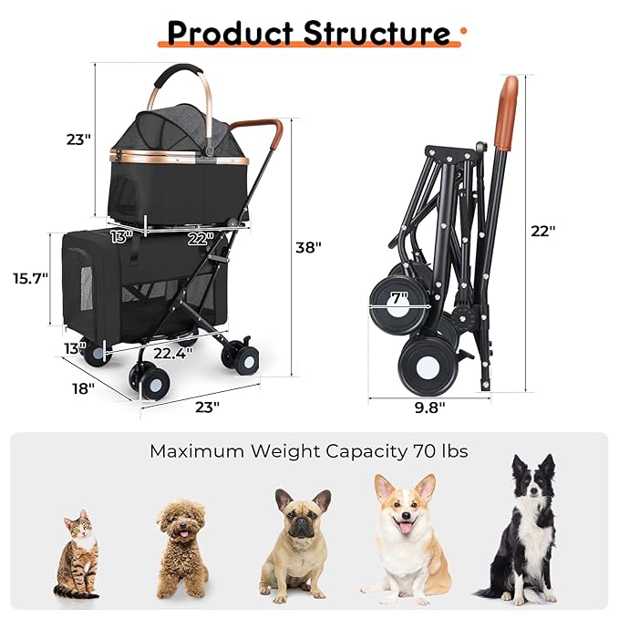 Double Pet Stroller for Small Medium Dogs - 4 In1 Dog Stroller for 2 Pets, Detachable and Foldable with 360°Rotating Wheels, Easy Assembly and Compact Size-PawvioPets