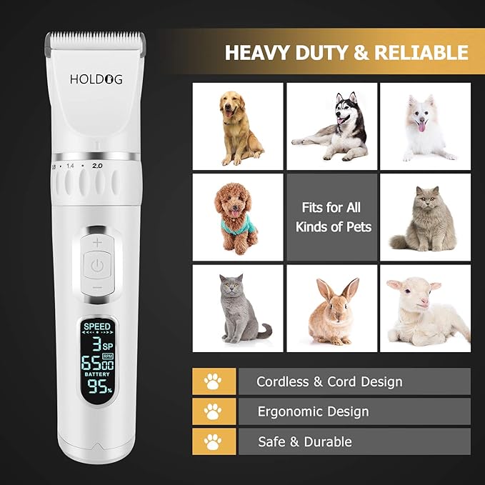 Dog Clippers Professional Heavy Duty Dog Grooming Clipper 3-Speed Low Noise High Power Rechargeable Cordless Pet Grooming Tools for Small & Large Dogs Cats Pets with Thick & Heavy Coats-PawvioPets