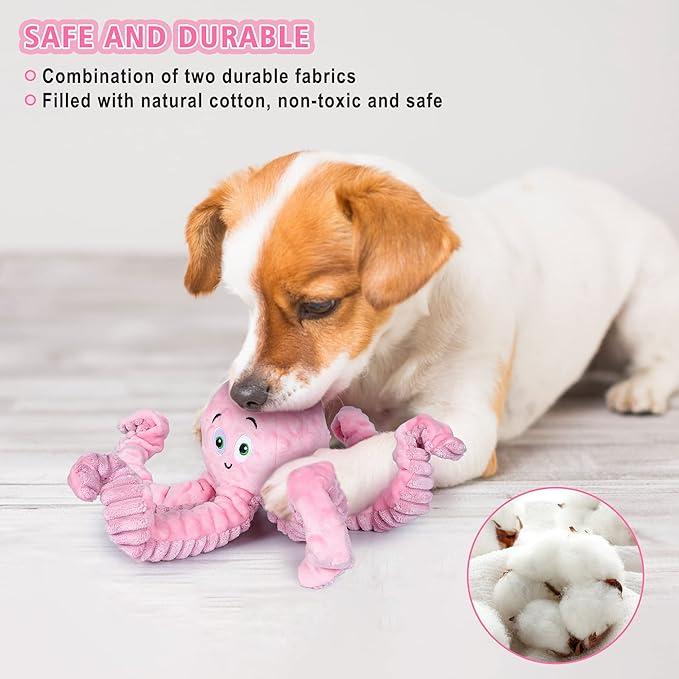 Dog Squeaky Toys Octopus - Tough Plush Large Medium & Small Dog Toys - Stuffed Animals Puppy Toys (Octopus Pink)-PawvioPets