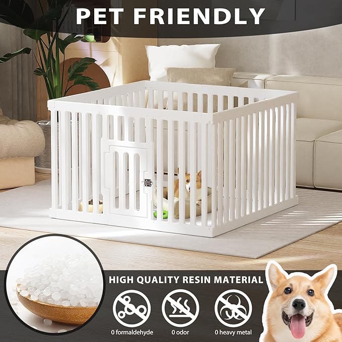 Dog Playpen with Door, 12 Panels Puppy Playpen, 25.6” H Dog Pen for Small Cats and Dogs, Pet Fence for Indoor & Outdoor, Non-Slip Pet Gate Made of Strong Plastic, White-PawvioPets