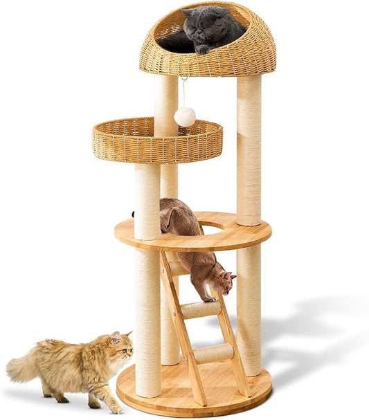Big Modern Design Cat Tree Tower, Cat Tower Sisal-Covered Scratching Posts for Indoor Cats, Natural Oak Wood Cat Tree for Large Cats, Multi-Level Cat Condo with Sisal Staircase-PawvioPets