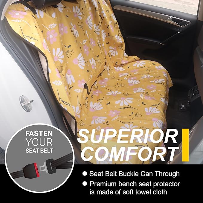 Back Seat Cover for Car Trucks Van SUV,Waterproof Rear Bench Towel Seat Covers for Dogs and Kids,Automotive Backseat Protector (Chamomile and Yellow)-PawvioPets
