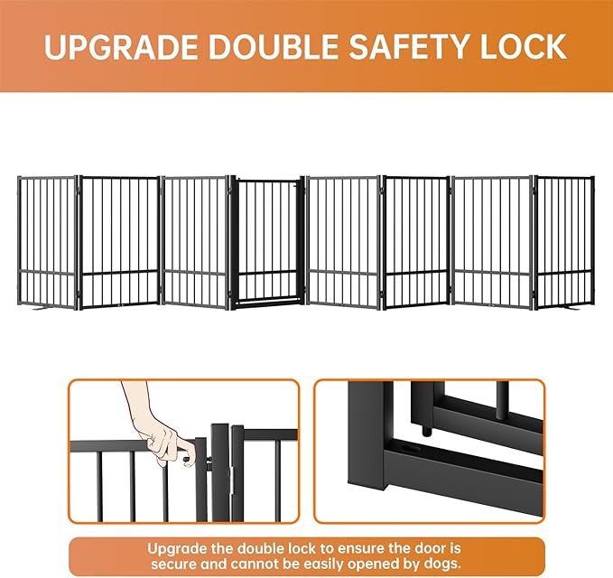 Full Metal Freestanding Dog Gate with Door, 32''Height Foldable Pet Dog Fence for Indoor & Outdoor, 8 Panels Extra Wide Free Standing TallDog Gates for Doorways,House,Stairs,Porch,Deck,Yard-PawvioPets
