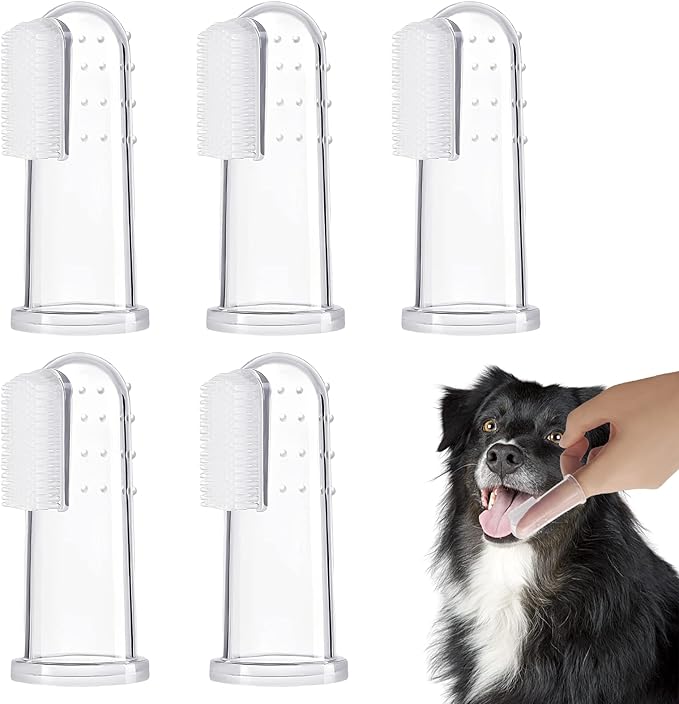 BLMHTWO 5 Pieces Dog Tooth Brushing Kit Finger Toothbrush for Dogs Cat Puppy Toothbrushs with Silicone Bristles and 16 Round Particles Thickened Silicone-Layer Transparent Dog Toothbrushs for All Pets-PawvioPets