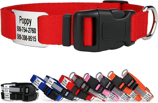 GoTags Personalized Dog Collar with Nameplate, Adjustable Dog Collar with Custom Engraved Slide On Pet ID Tag in Stainless Steel, Silent, No Noise Dog Tag for Large Medium and Small (Red, X-Small)-PawvioPets