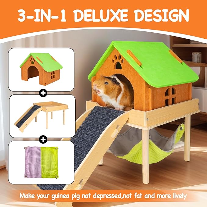 3 in 1 Enlarged Guinea Pig Hammock with House & Platform,Wooden Guinea Pig Hideout with Hammock & Stairs Small Animal Toys for Hiding Sleeping Activities-PawvioPets